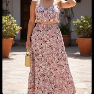 Chic Floral Skirt Set in Pink and White